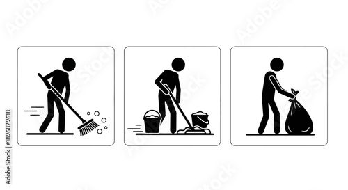 Three Icons Showing Cleaning Activities With Stick Figures.