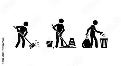 Three stick figures cleaning and tidying up.