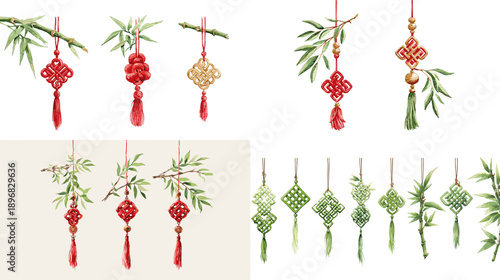 Watercolor Chinese New Year hanging ornaments set with red knots, tassels, and bamboo leaves. Festive decoration collection for Lunar New Year greetings, invitations, and design.