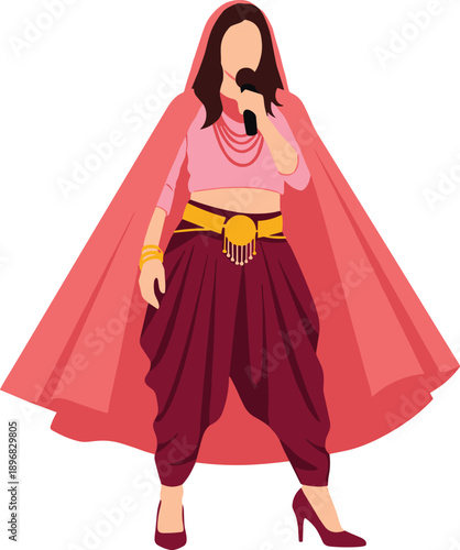 Beautiful Indian female singer performing in traditional pink lehenga choli and maroon dhoti pants with golden belt, cultural music artist illustration for festival.