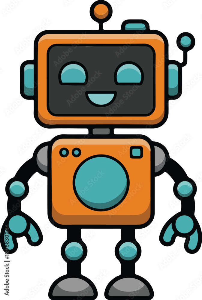 Naklejka premium Cute Robot Character Outline Illustration Smiling Futuristic Cartoon Design