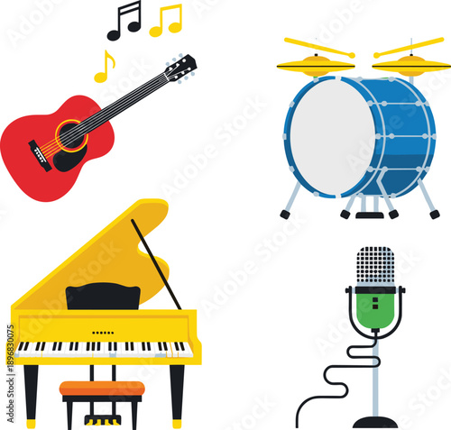 Colorful musical instruments set including red acoustic guitar with notes, blue drum kit, yellow grand piano, and professional studio microphone on stand