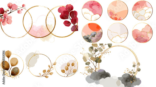 Watercolor abstract circle frames set with gold rings, soft stains, and botanical branches. Elegant modern background collection for wedding invitations, branding, and posters.