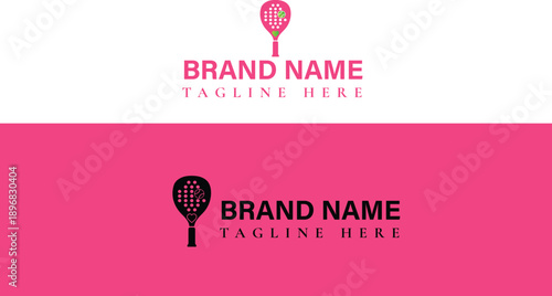 Pink tennis racket logo with brand name and tagline modern flat design for sports branding and identity isolated on white background