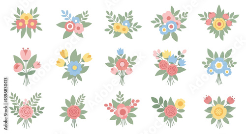 Cute Flat Design Floral Bouquets Collection. Spring and Summer Flower Arrangements Vector Set. Abstract Minimalist Icons for Invitations and Decoration.