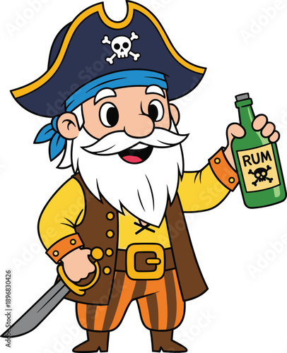 Cute cartoon pirate character with white beard holding rum bottle and sword wearing a classic hat isolated on white background for kids.