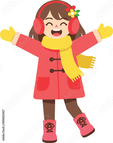 Cute cartoon girl character wearing red winter coat with earmuffs and yellow scarf celebrating snowy weather isolated on white background for kids.