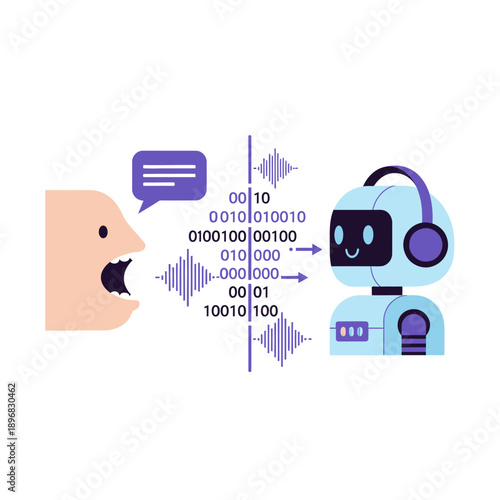 Person speaking to robot with sound waves and binary code data