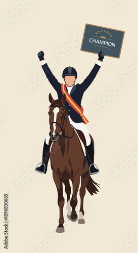Equestrian Champion Rider on Horseback Celebrating Victory with Champion Sign trophy