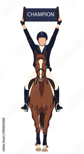 Equestrian Champion Rider Holding Champion Sign High Above Head in Victory Pose trophy
