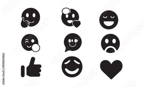 Collection of expressive emoji icons and symbols. Happy, sad, and thoughtful emoticons for communication and social media with like and heart.