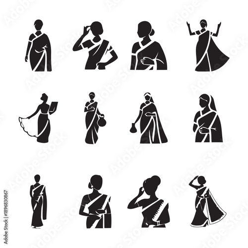 Collection of female figures in traditional Indian sarees, depicted in various poses and activities, suitable for cultural representations, fashion, and ethnic lifestyle themes