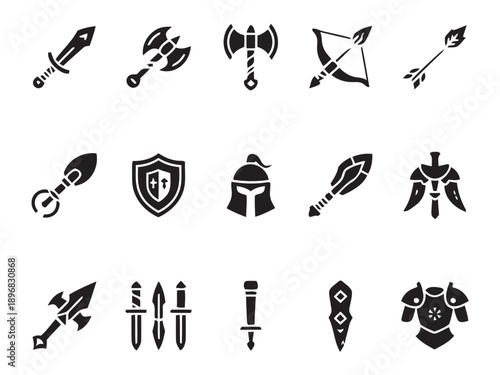 Collection of fantasy warrior weapon icons, including swords, axes, bow, arrow, shield, helmet, mace, and armor vector graphics for games or fantasy themes.
