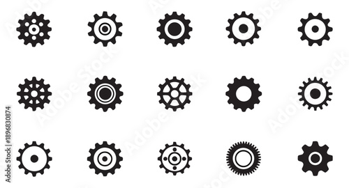 Collection of fifteen black gear and cogwheel icons in various styles and sizes, representing industry, machinery, and mechanical engineering concepts