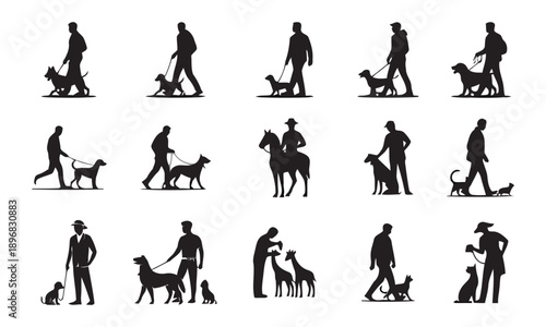 Collection of fifteen silhouettes of people walking dogs or interacting with pets, showcasing various breeds and owner activities, ideal for pet care themes