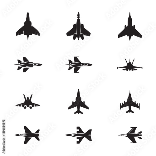 Collection of fighter jet icons in silhouette, modern military aircrafts displayed from top view