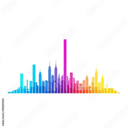 Colorful abstract cityscape skyline with vibrant rainbow spectrum colors and architectural shapes