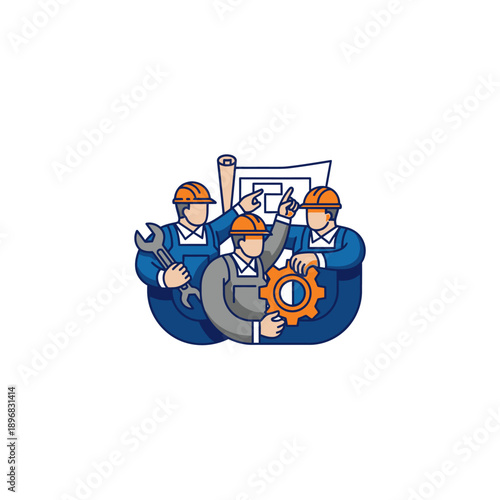 Professional team of industrial workers in hard hats collaborating with tools and blueprints, symbolizing engineering and construction.