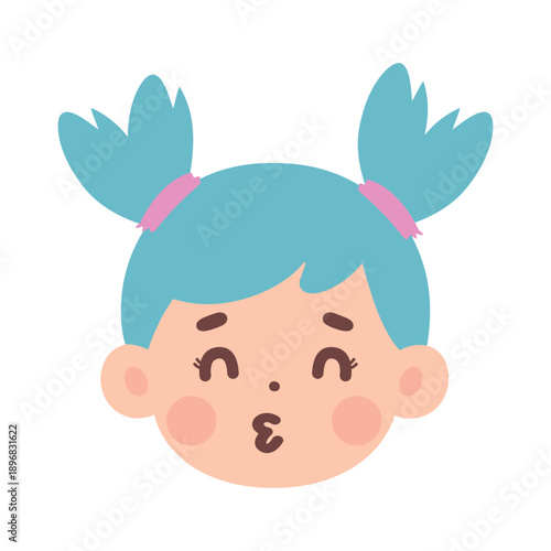 a collection of facial expression illustrations of a girl with blue hair