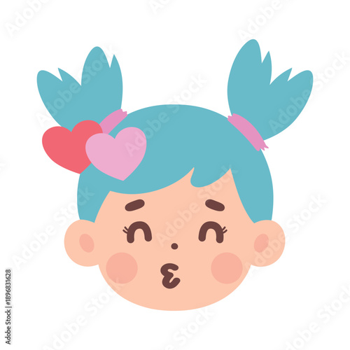 a collection of facial expression illustrations of a girl with blue hair