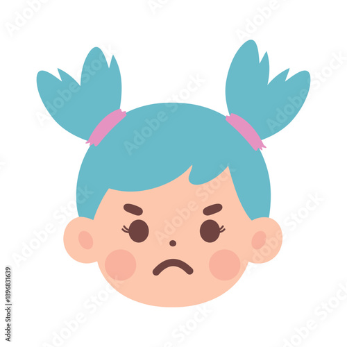 a collection of facial expression illustrations of a girl with blue hair