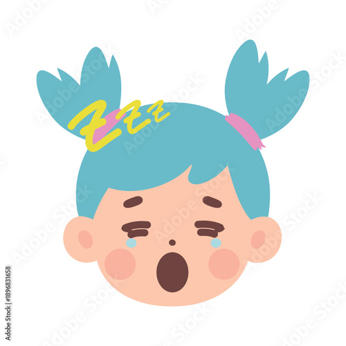 a collection of facial expression illustrations of a girl with blue hair