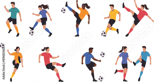 Dynamic Soccer Player Action Icon Set with Male and Female Football Athletes Kicking, Jumping, and Shooting Ball for Sports Design