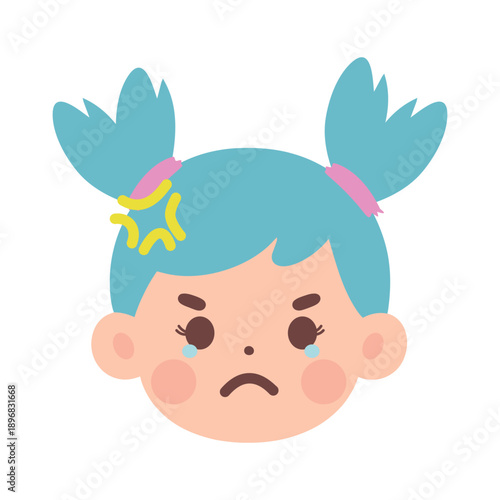 a collection of facial expression illustrations of a girl with blue hair