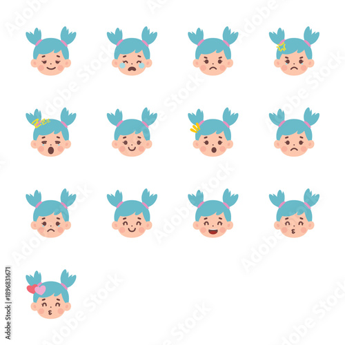 a collection of facial expression illustrations of a girl with blue hair