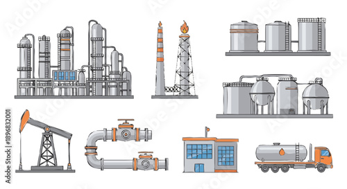 Collection of industrial oil and gas industry equipment and facilities.