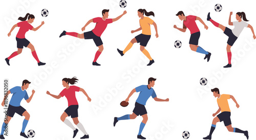 Football Player Action Icon Set with Male and Female Soccer Athletes Kicking, Running, and Dribbling Ball for Sports Illustration Design