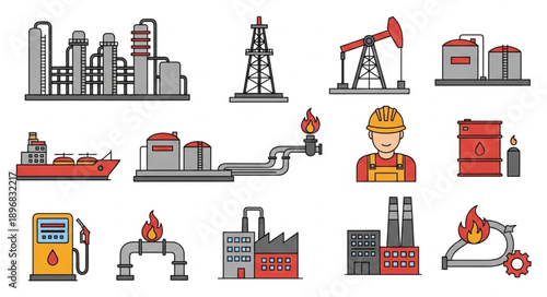 Collection of industrial oil and gas industry icons and illustrations.