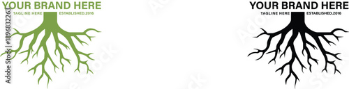 Tree roots logo design representing growth and stability with customizable brand space for business and branding concepts