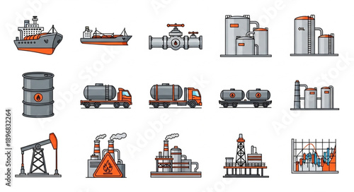 Collection of industrial oil and gas industry icons and illustrations.