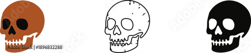 Collection of skull icons in brown outline and black representing danger or Halloween themes isolated on white background