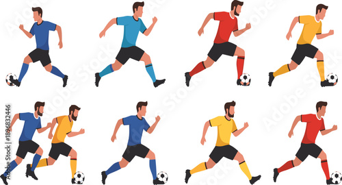 Male Soccer Player Running Action Icon Set with Football Athletes Sprinting, Dribbling Ball, and Match Movement for Sports Design