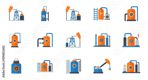 Collection of industrial oil rig and refinery icons.