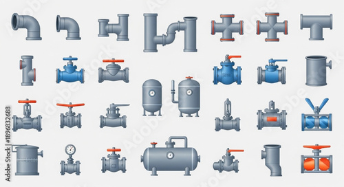 Collection of industrial plumbing pipes and valves illustration.