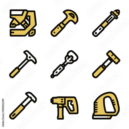 Professional Carpentry Tools Icon Set. Flat Vector Woodworking Equipment and Hand Tools