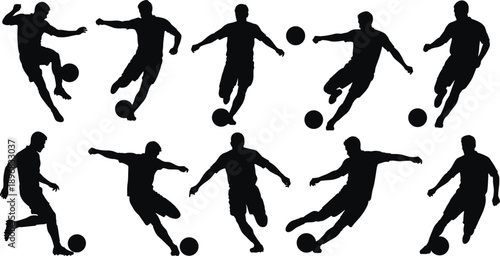 Soccer Player Silhouette Icon Set with Football Athletes Dribbling, Kicking, and Shooting Ball in Dynamic Action Poses