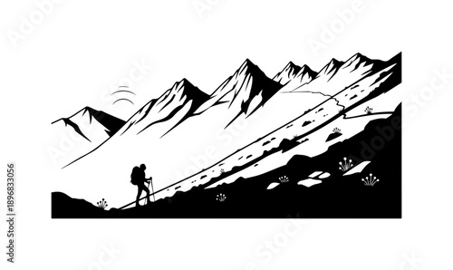 Mountaineer Climbing Snowy Alpine Peaks Silhouette