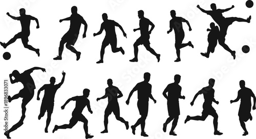 Soccer Player Silhouette Icon Set with Dynamic Football Action Poses for Sports, Fitness, Training, and Athletic Graphic Design