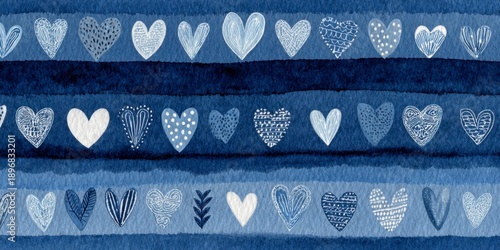 blue stripes with white hearts and boho doodles, a seamless pattern