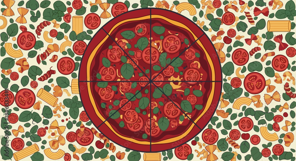 Obraz premium vibrant italian food flat lay showcasing a delicious pizza diverse pasta shapes fresh tomatoes and basil ideal for culinary menus.