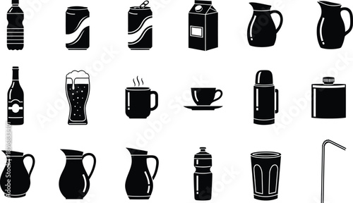 A comprehensive collection of black silhouette icons representing various beverage containers and drinkware