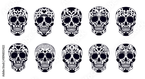 ornate sugar skulls with intricate mexican folk art patterns perfect for día de los muertos halloween and cultural graphic use.
