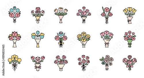 Floral Bouquet Icon Set. Vector Outline Style Icons of Wrapped Flowers, Roses, and Tulips for Gifting, Celebration, and App Design.