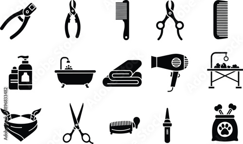 A comprehensive collection of pet grooming tools and supplies icons for animal care services
