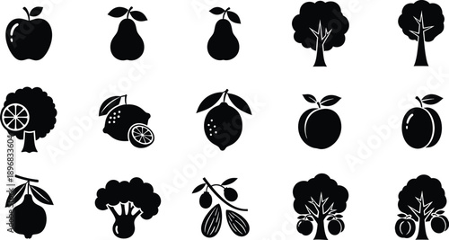 A collection of black silhouette icons representing various fruits, vegetables, and fruit trees