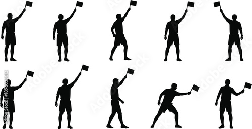 Soccer Referee Red Card Silhouette Icon Set with Football Officials Signaling Penalties, Fouls, and Match Decisions